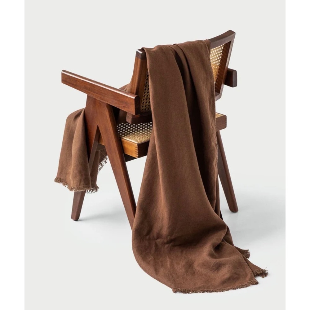 MagicLinen Heavyweight Linen Throw Blanket OS Chocolate Brown Fringe 58x74in
